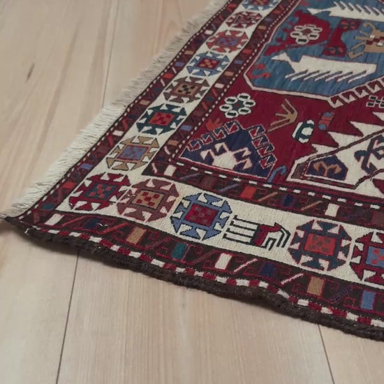 Vintage Shahsavan Soumak flatweave rug from Northwest Iran featuring red, ivory, and blue tribal medallions — handmade Persian wool 3x5 wall hanging, available at Indigo Rugs, the best rug shop in San Francisco Bay Area, Burlingame CA.