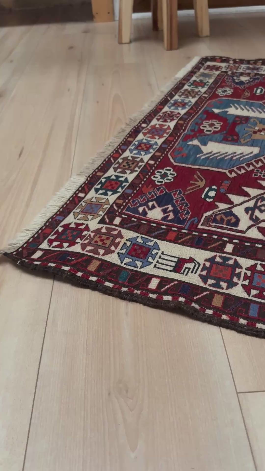 Vintage Shahsavan Soumak flatweave rug from Northwest Iran featuring red, ivory, and blue tribal medallions — handmade Persian wool 3x5 wall hanging, available at Indigo Rugs, the best rug shop in San Francisco Bay Area, Burlingame CA.