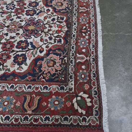 vintage persian bakhtiari floral rug 5x7 dusty brick red navy ivory hand knotted wool medallion rug mid century persian carpet san francisco bay area rug shop indigo rugs