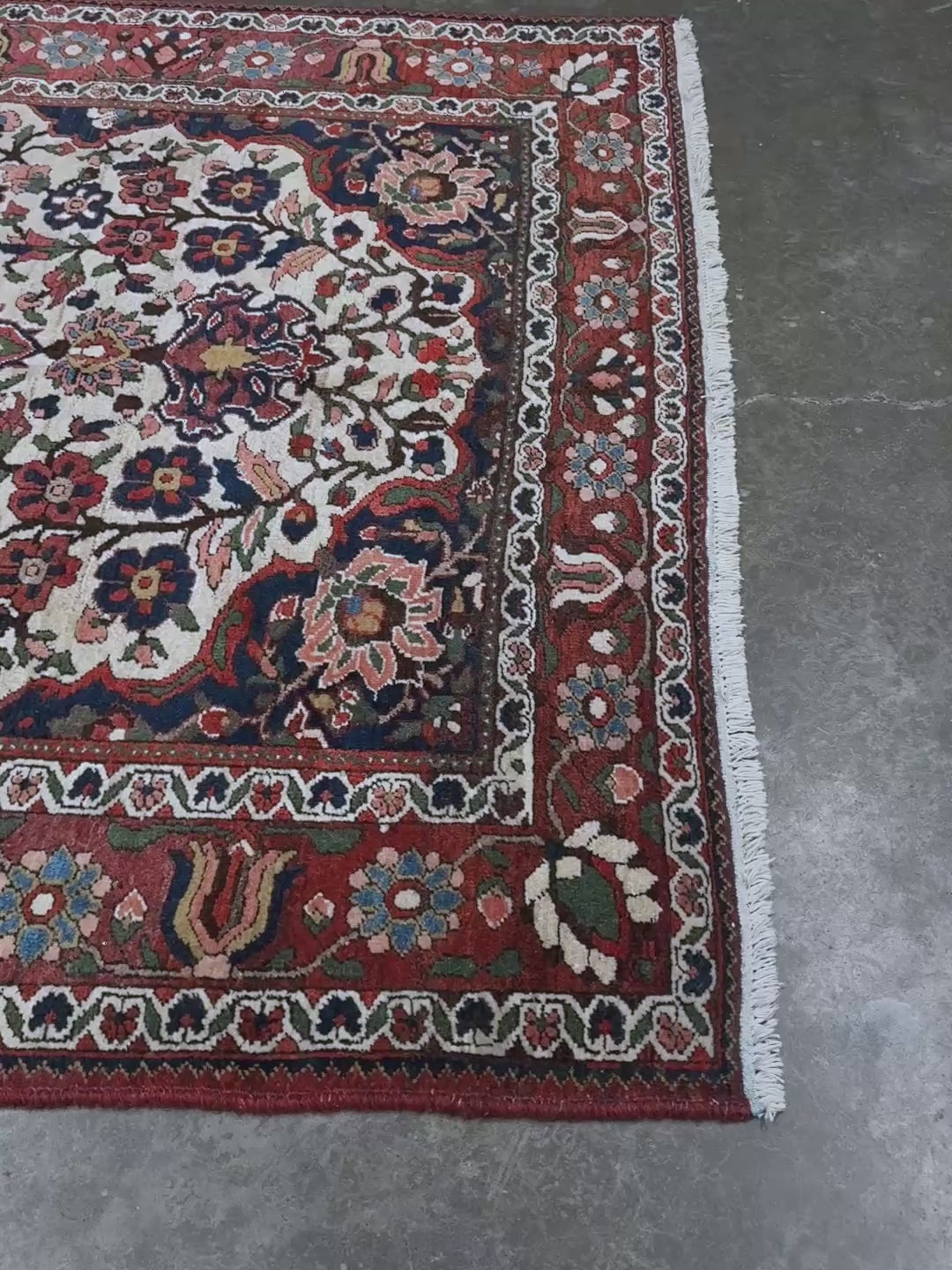 vintage persian bakhtiari floral rug 5x7 dusty brick red navy ivory hand knotted wool medallion rug mid century persian carpet san francisco bay area rug shop indigo rugs