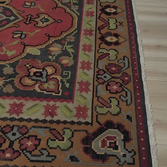 8x10 Bessarabian vintage  European floral kilim with madder red field and golden-brown border, handwoven wool flatweave rug perfect for living room, bedroom, or dining room; suits neutral, eclectic, or boho decor – available from top-rated rug shop in Burlingame CA