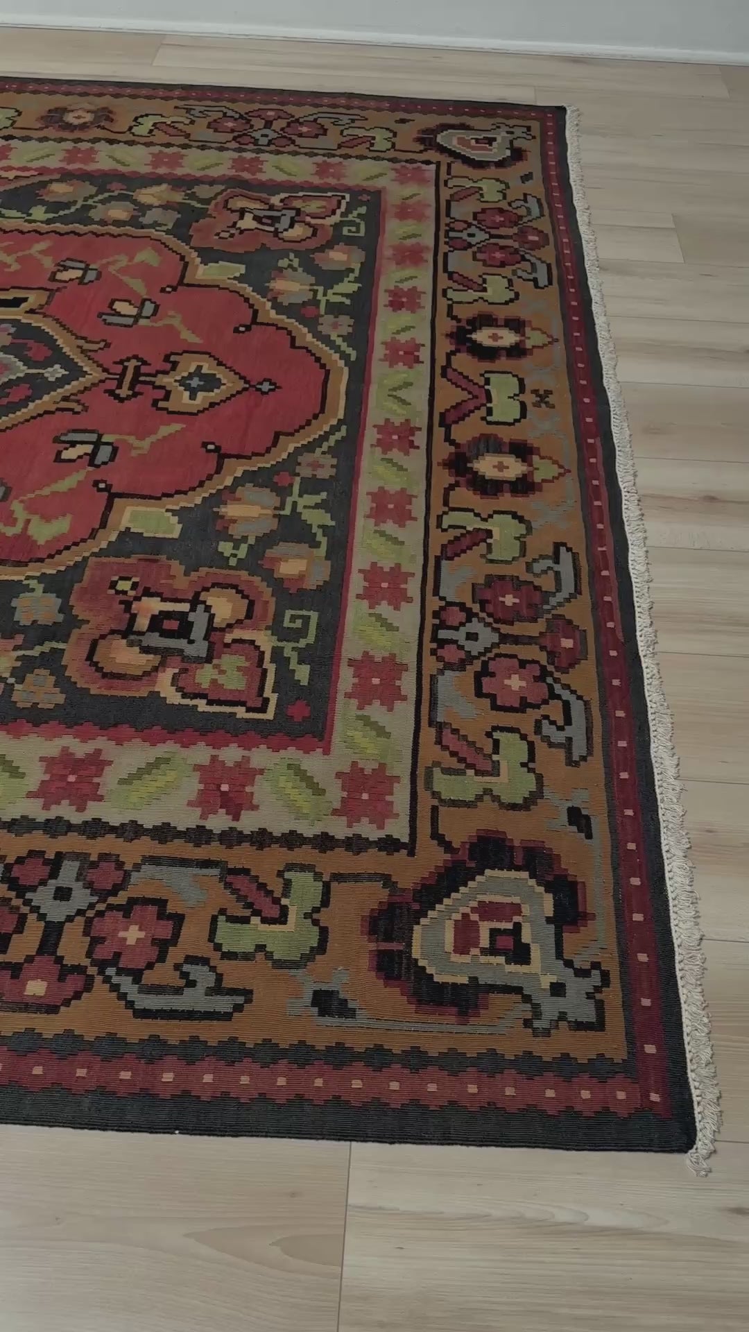 8x10 Bessarabian vintage  European floral kilim with madder red field and golden-brown border, handwoven wool flatweave rug perfect for living room, bedroom, or dining room; suits neutral, eclectic, or boho decor – available from top-rated rug shop in Burlingame CA