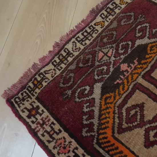 Vintage Turkish mini rug 28x33 with maroon, taupe, mustard, and charcoal tribal motifs — handmade wool small rug for entryway, kitchen, or bathroom. Free shipping from the best rug shop in the San Francisco Bay Area, Burlingame CA.
