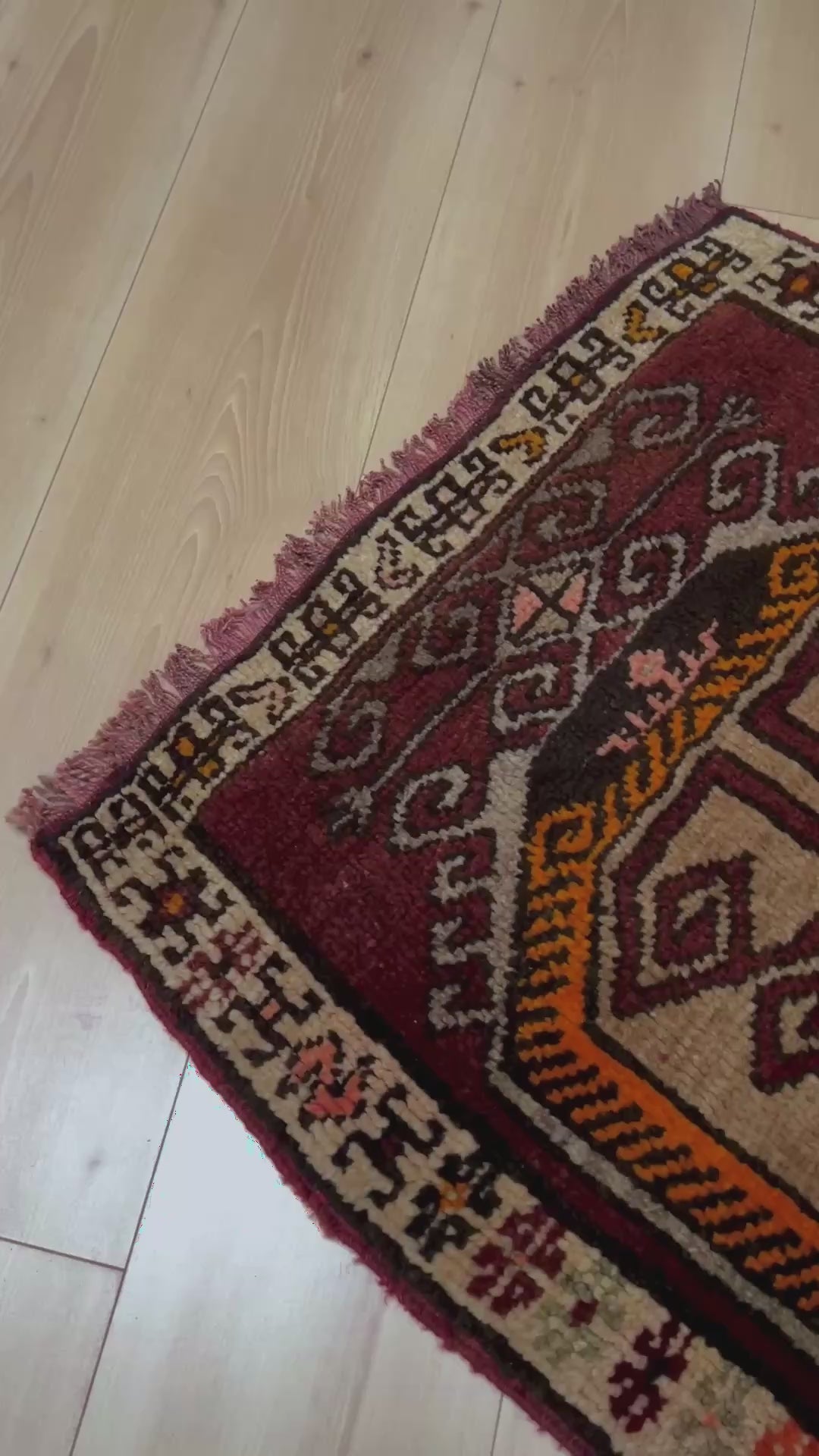 Vintage Turkish mini rug 28x33 with maroon, taupe, mustard, and charcoal tribal motifs — handmade wool small rug for entryway, kitchen, or bathroom. Free shipping from the best rug shop in the San Francisco Bay Area, Burlingame CA.