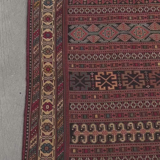 Vintage Rahrah Persian Soumak flatweave rug with terracotta, rust, olive, and ivory geometric bands — handmade wool wall hanging from 1960s Northwest Persia, available at Indigo Rugs, the best rug shop in San Francisco Bay Area, Burlingame CA.