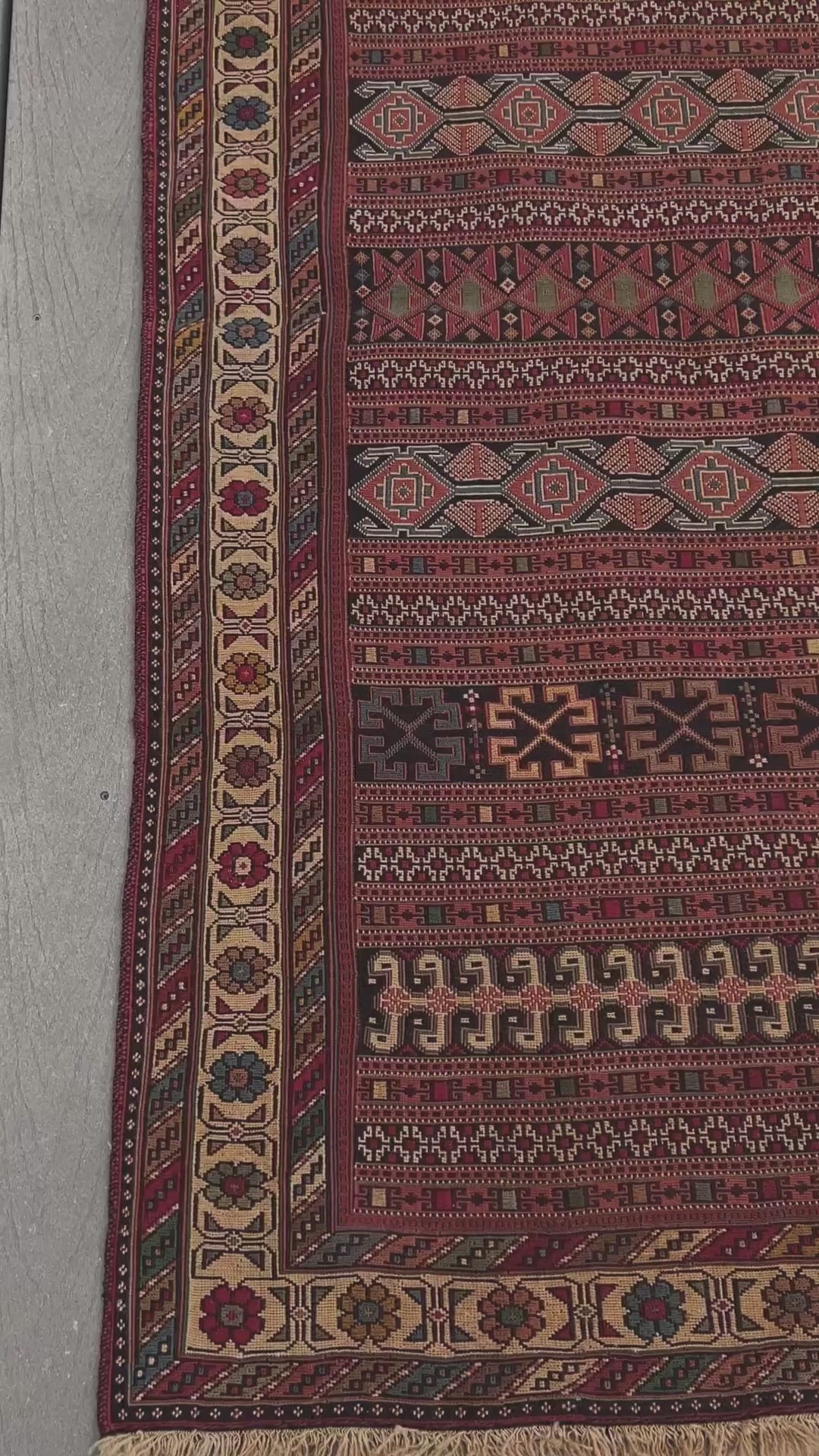 Vintage Rahrah Persian Soumak flatweave rug with terracotta, rust, olive, and ivory geometric bands — handmade wool wall hanging from 1960s Northwest Persia, available at Indigo Rugs, the best rug shop in San Francisco Bay Area, Burlingame CA.