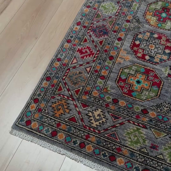 Transitional Gray Neutral Ersari Elephant Foot rug 4x6. Handmade Turkmen tribal wool rug perfect for living room, bedroom, or entryway. Free shipping from the best rug shop in the San Francisco Bay Area, Burlingame CA.