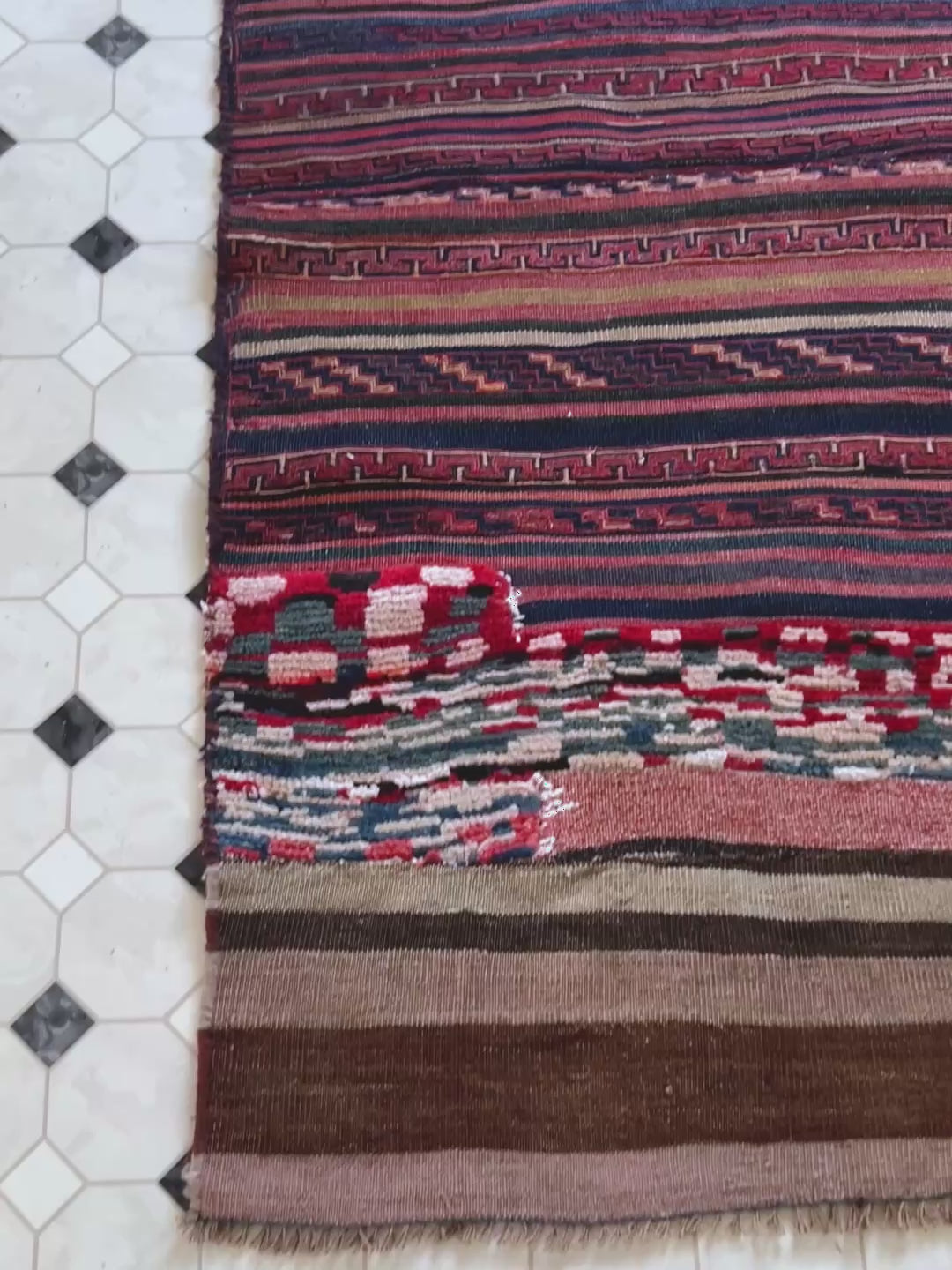 Vintage Bakhtiari saddle bag rug (3'1"x5'9") featuring handspun wool, taupe and indigo stripes, rose and blue tribal accents, and rare triple-weave construction — handmade in NW Persia, circa 1940s