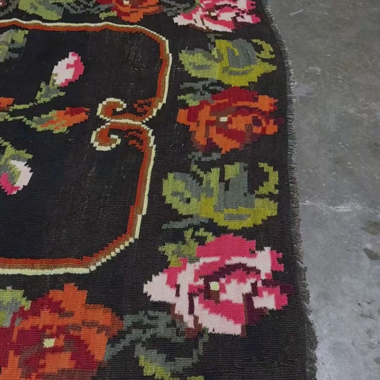 Vintage moldovan floral kilim rug 5x8 handmade rose design black background flatweave 1960s eastern european wool rug san francisco bay area rug shop indigo rugs