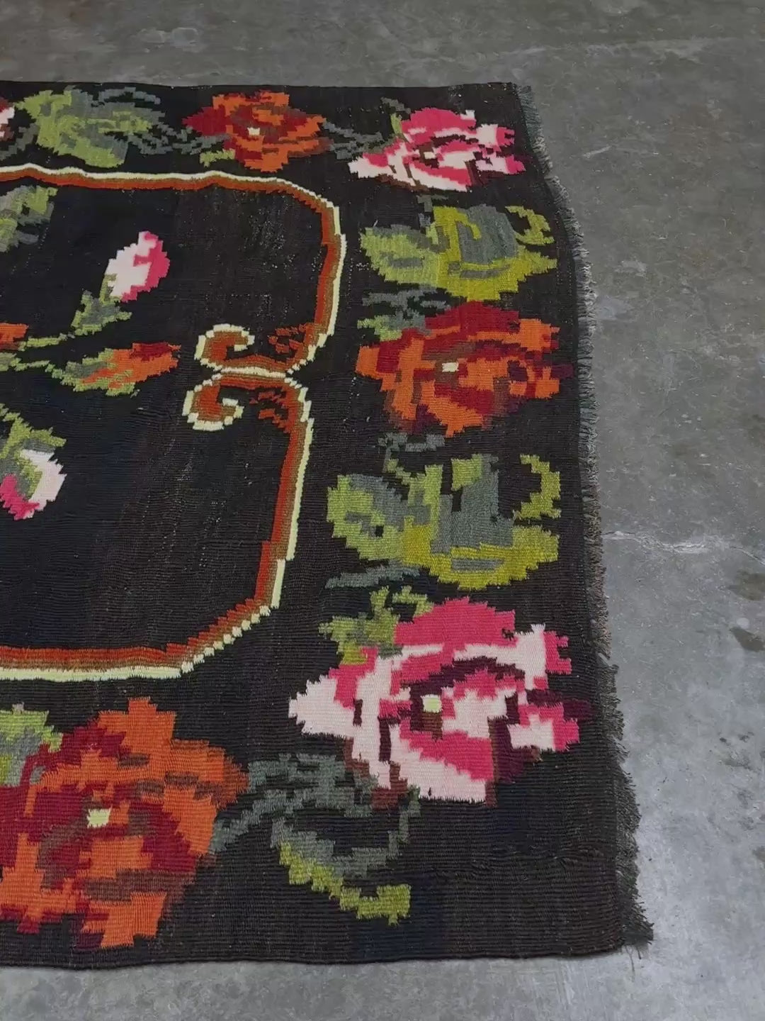 Vintage moldovan floral kilim rug 5x8 handmade rose design black background flatweave 1960s eastern european wool rug san francisco bay area rug shop indigo rugs