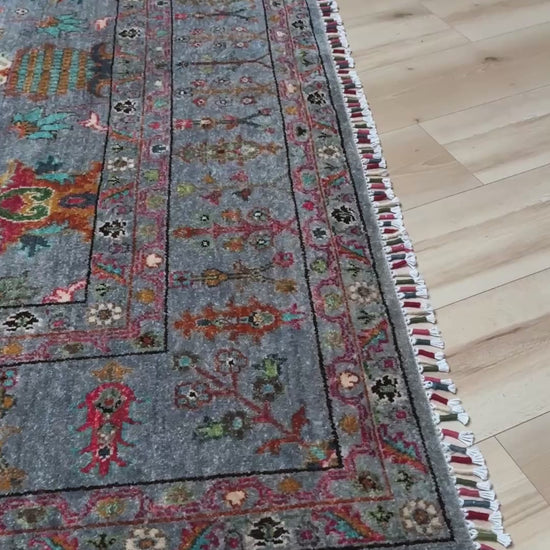 Blue gray Ziegler Turkish rug with floral accents, handmade wool 7x9 area rug from Indigo Rugs Burlingame Bay Area.