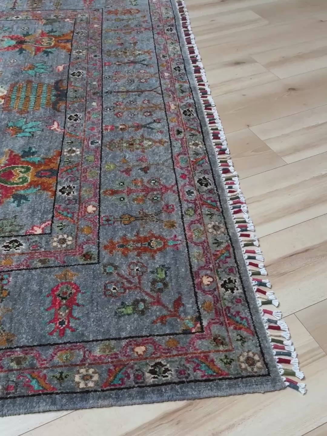 Blue gray Ziegler Turkish rug with floral accents, handmade wool 7x9 area rug from Indigo Rugs Burlingame Bay Area.