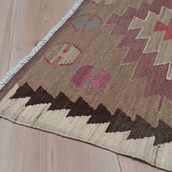 Vintage Mut kilim rug 3x5 with Navajo-style stepped medallions in taupe and rose — handmade Turkish flatweave, available at Indigo Rugs, best rug shop in San Francisco Bay Area, Burlingame CA.