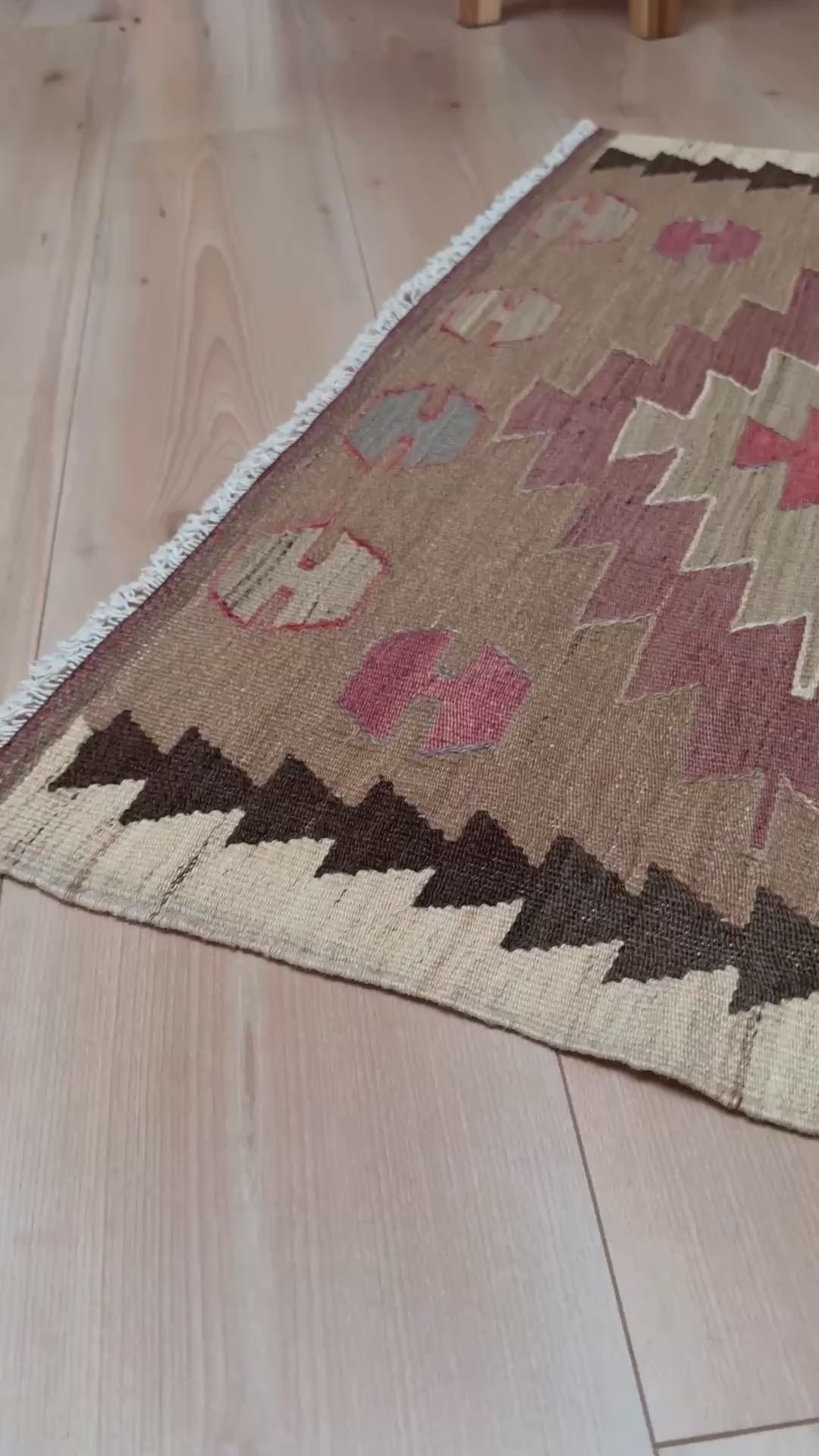 Vintage Mut kilim rug 3x5 with Navajo-style stepped medallions in taupe and rose — handmade Turkish flatweave, available at Indigo Rugs, best rug shop in San Francisco Bay Area, Burlingame CA.