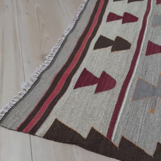 Vintage Mut kilim 3x4 tribal Navajo-style Turkish flatweave rug in taupe, rose, ivory, and brown — handmade wool accent rug for entryway, kitchen, or wall hanging — Indigo Rugs Burlingame CA