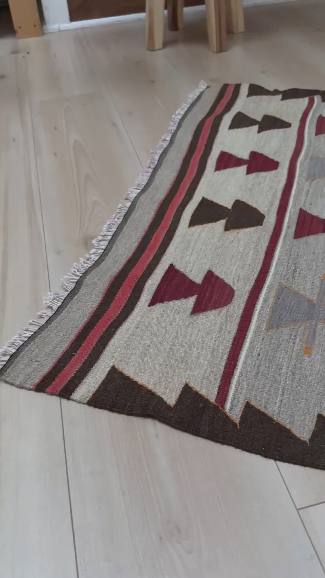 Vintage Mut kilim 3x4 tribal Navajo-style Turkish flatweave rug in taupe, rose, ivory, and brown — handmade wool accent rug for entryway, kitchen, or wall hanging — Indigo Rugs Burlingame CA