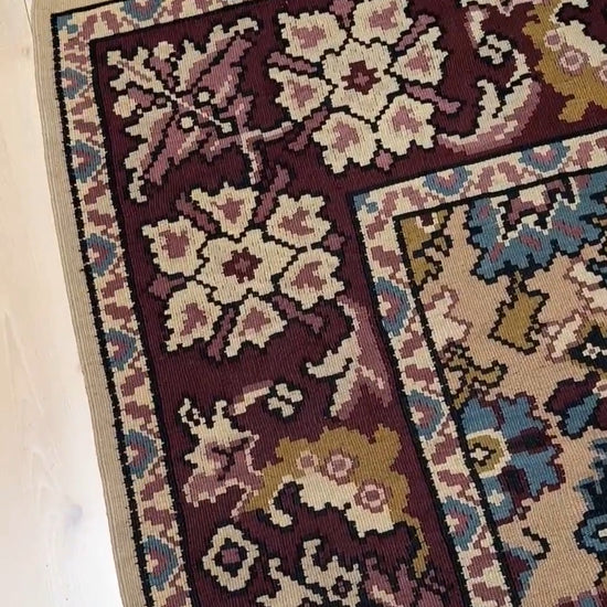 Vintage 8x10 kilim area rug with Herati design in wheat, denim blue, maroon, and charcoal tones – perfect for boho or neutral decor in living room, bedroom, kitchen, or dining room. Handmade in Southeastern Europe. Available from the best rug shop in San Mateo, SF Bay Area. Free shipping included.