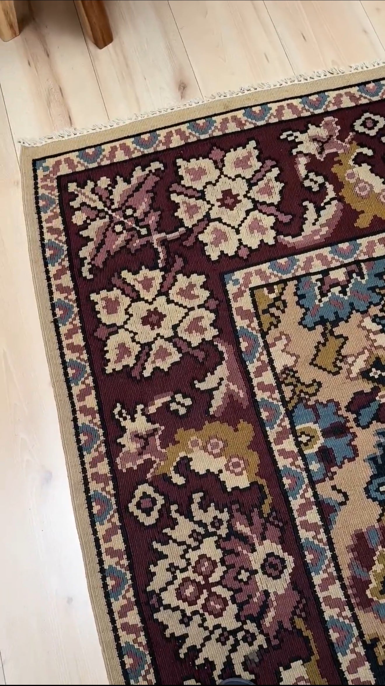 Vintage 8x10 kilim area rug with Herati design in wheat, denim blue, maroon, and charcoal tones – perfect for boho or neutral decor in living room, bedroom, kitchen, or dining room. Handmade in Southeastern Europe. Available from the best rug shop in San Mateo, SF Bay Area. Free shipping included.