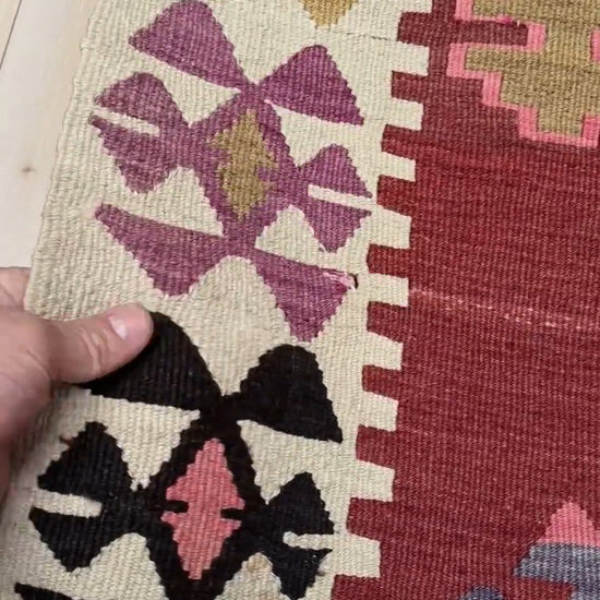 Handmade vintage Turkish kilim rug from 1960s, 5x12 runner with tribal motifs and vibrant colors like terracotta, magenta, ochre, and violet; perfect for entry, hallway, living room, bedroom, kitchen, or dining. Best for boho or modern decor. From the best rug shop San Mateo SF Bay Area with free shipping.