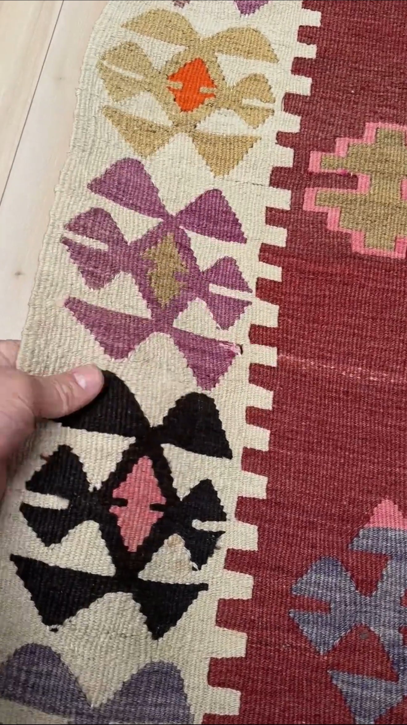 Handmade vintage Turkish kilim rug from 1960s, 5x12 runner with tribal motifs and vibrant colors like terracotta, magenta, ochre, and violet; perfect for entry, hallway, living room, bedroom, kitchen, or dining. Best for boho or modern decor. From the best rug shop San Mateo SF Bay Area with free shipping.
