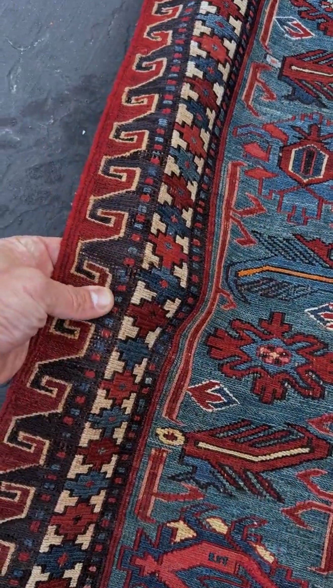 Antique Caucasian Soumak rug with madder red and indigo blue geometric medallions, woven in the South Caucasus circa 1925, available at top-rated rug shop in San Mateo, SF Bay Area with free shipping.
