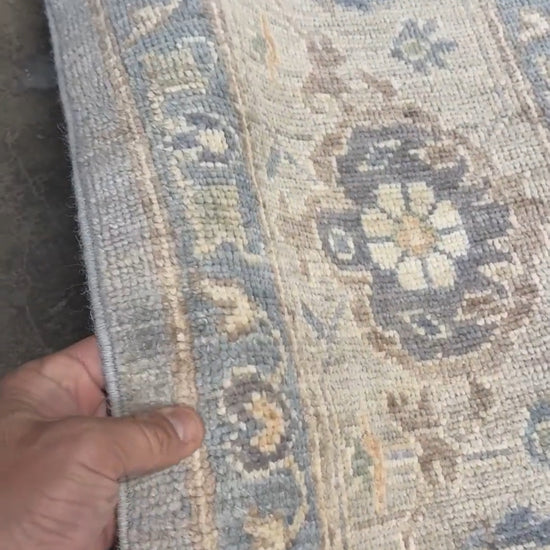 8x10 handmade transitional Bijar design rug in muted blue and gray tones with ivory, sage, wheat, and navy accents. Neutral, calming, and elegant—perfect for modern, coastal, or rustic home décor. Available from Indigo Rugs, a handmade rug shop in Burlingame, San Francisco Bay Area, CA. Free shipping in the U.S.