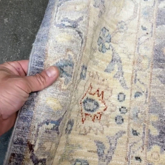 Neutral Handmade 6x9 Arabesque Bijar Persian rug in silvery gray with blue undertone, ivory vines, muted blue details, terracotta and rust highlights, and muted midnight blue outlines – transitional Persian wool rug for living room bedroom dining. Free shipping