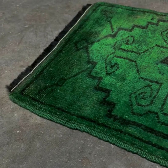 Vintage Turkish Yastik rug in emerald, forest, and moss green with espresso-black tribal outlines. Hand-knotted wool, 20x43 inches. One-of-a-kind rug from Indigo Rugs, the best rug shop in the San Francisco Bay Area (Burlingame, CA). Free shipping included.
