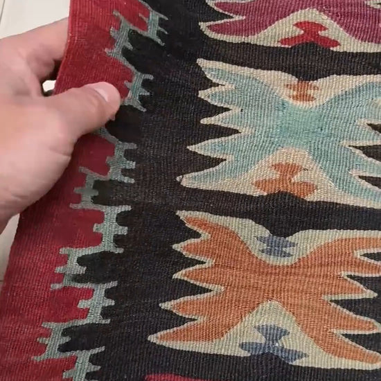 Vintage handmade Pirot kilim rug 8x8 ft with Sofra diamond design in madder red, ivory, and indigo hues – tribal wool flatweave from the Balkans, available at best rug shop in San Mateo, SF Bay Area with free shipping.
