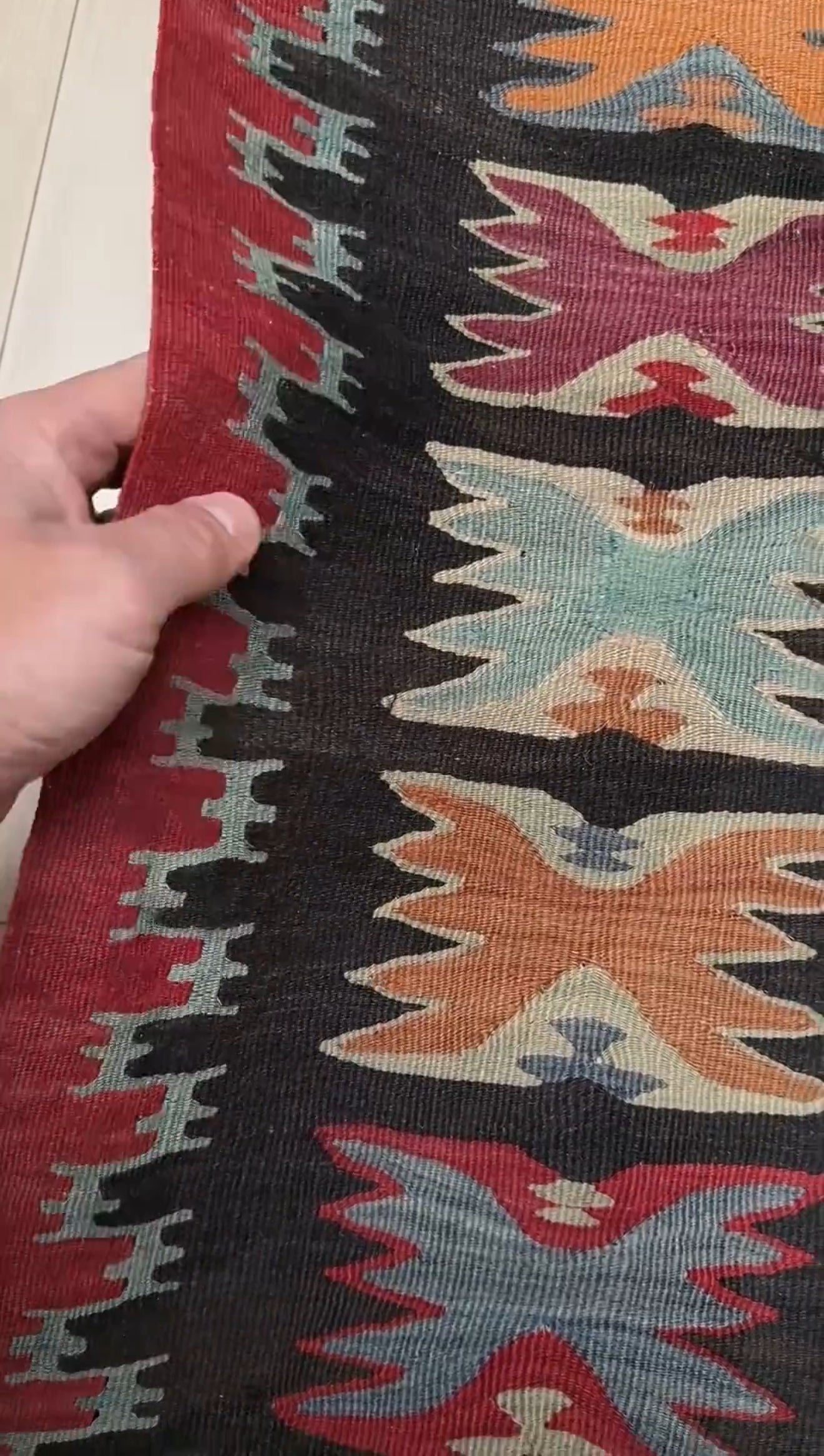 Vintage handmade Pirot kilim rug 8x8 ft with Sofra diamond design in madder red, ivory, and indigo hues – tribal wool flatweave from the Balkans, available at best rug shop in San Mateo, SF Bay Area with free shipping.