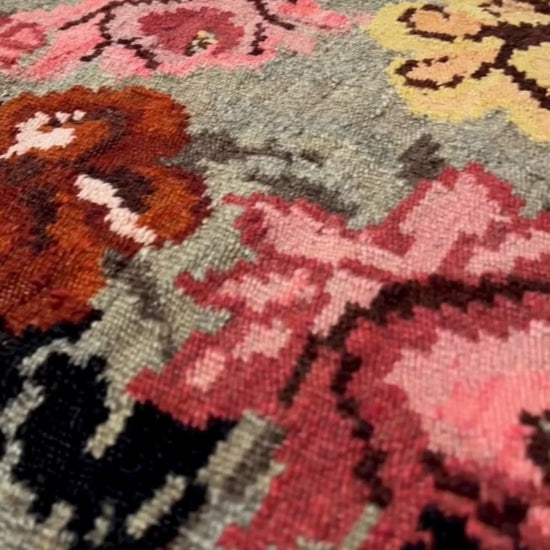 Vintage Moldovan rose kilim area rug 8x11 – handmade floral wool flatweave perfect for living room, bedroom, kitchen, or dining room. Ideal for boho, romantic, or floral decor styles. Available at top-rated rug shop in San Mateo, SF Bay Area with free shipping.