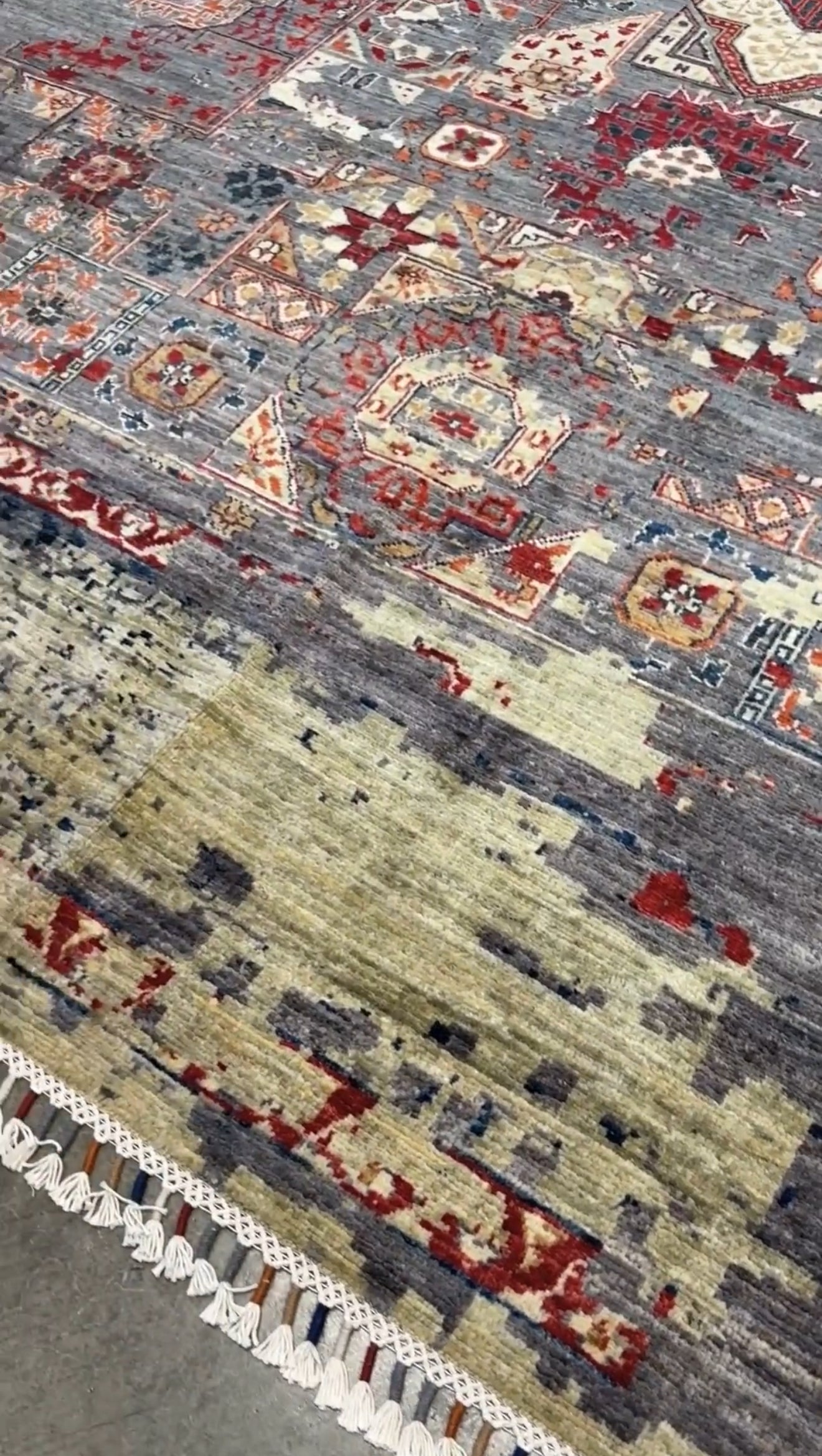 Transitional erased modern Mamluk design rug in 9x12 size with crimson medallion, silvery gray background, and ivory accents — perfect for living rooms, dining rooms, or bedrooms. Handmade wool rug from Indigo Rugs, Burlingame SF Bay Area with free shipping.