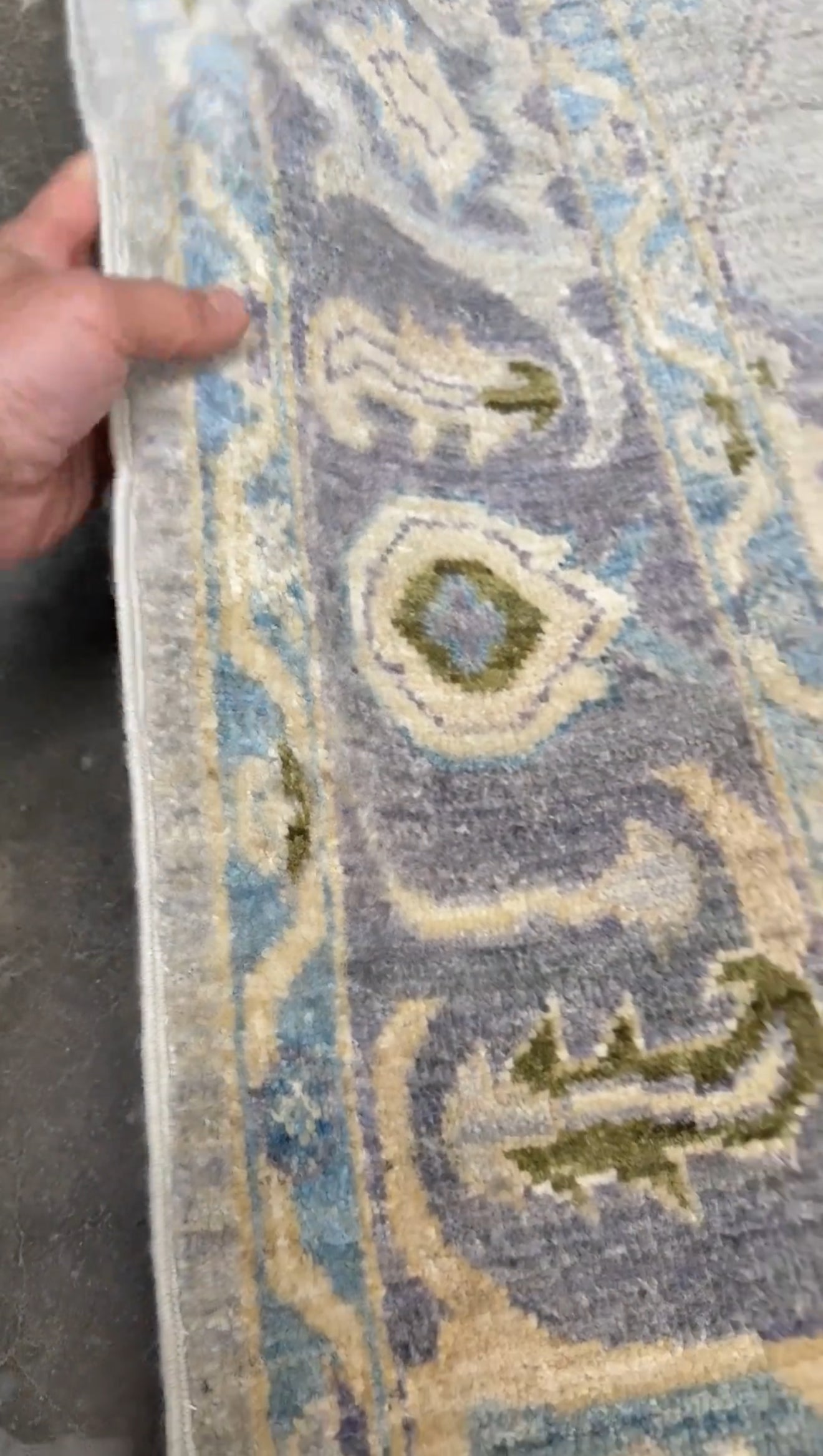 Handmade transitional 6x9 Turkish Oushak rug in silvery gray, powder blue, ivory, olive green, and muted lavender. Perfect for coastal, farmhouse, or light modern interiors — available at Indigo Rugs, Burlingame CA. Free Shipping