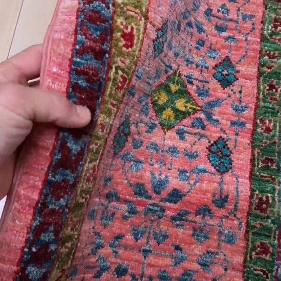 Handmade 6x8 Mamluk rug with blush rose, teal, and ruby red hues, perfect for living room, bedroom, kitchen, or dining room. Ideal for boho or tribal decor styles. Authentic wool rug from the best rug shop in San Mateo, SF Bay Area with free shipping.