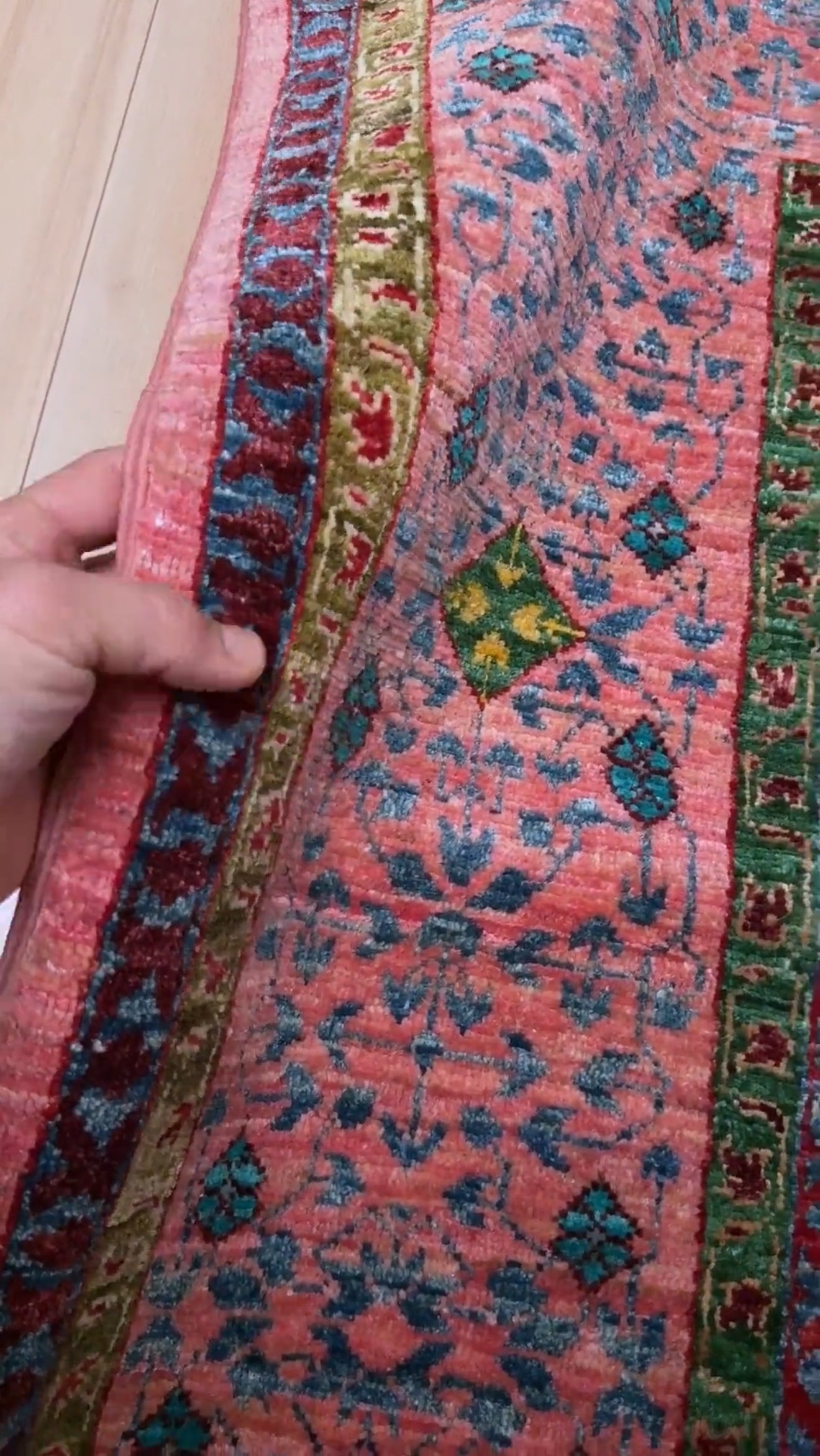 Handmade 6x8 Mamluk rug with blush rose, teal, and ruby red hues, perfect for living room, bedroom, kitchen, or dining room. Ideal for boho or tribal decor styles. Authentic wool rug from the best rug shop in San Mateo, SF Bay Area with free shipping.