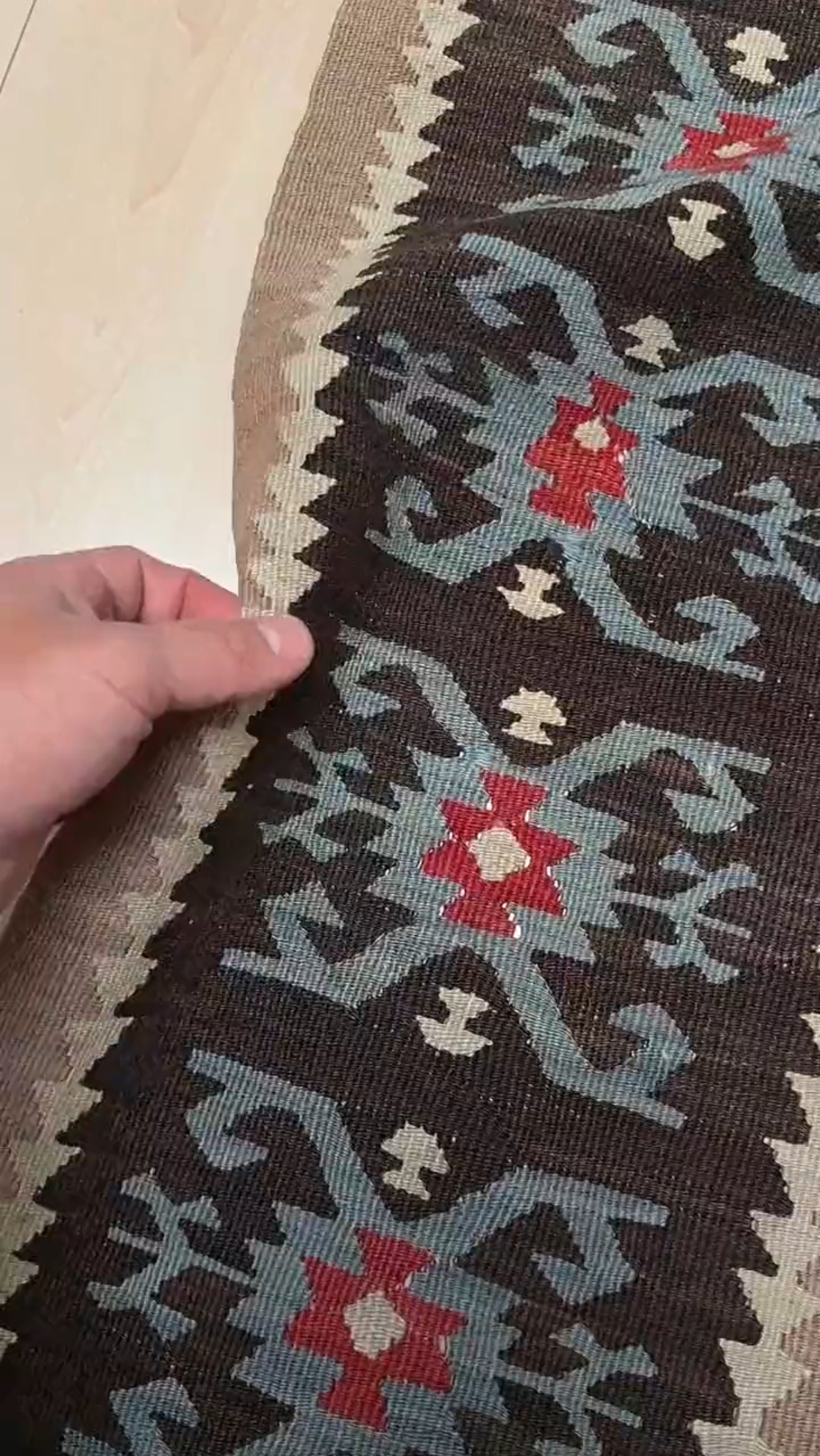 neutral muted European vintage Pirot rug 8x11 handmade wool flatweave kilim in blush beige, chocolate brown. Perfect for living room, bedroom, or dining room décor. Complements traditional, eclectic, bohemian, and rustic interiors. From the best rug shop in Burlingame, SF Bay Area with free shipping.