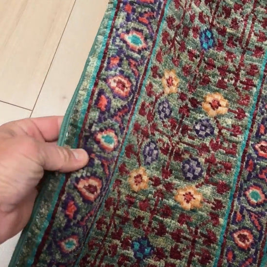 Handmade 6x8 Mamluk rug featuring a sage green field with terracotta, turquoise, navy, coral, and plum motifs, perfect for living room, bedroom, kitchen, or dining room. Ideal for traditional, eclectic, bohemian, or transitional home decor styles. From the best rug shop in Burlingame, SF Bay Area—free shipping available.