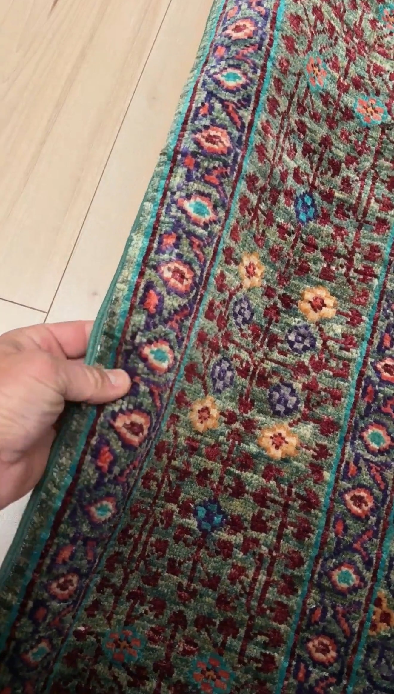 Handmade 6x8 Mamluk rug featuring a sage green field with terracotta, turquoise, navy, coral, and plum motifs, perfect for living room, bedroom, kitchen, or dining room. Ideal for traditional, eclectic, bohemian, or transitional home decor styles. From the best rug shop in Burlingame, SF Bay Area—free shipping available.