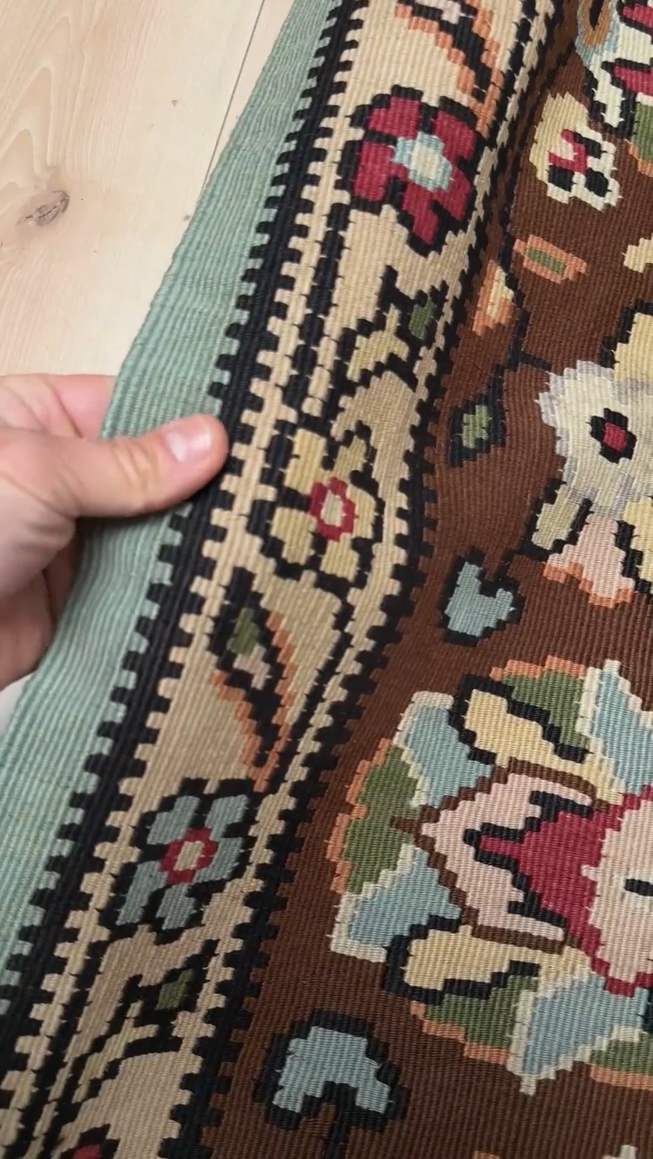 Handmade vintage European kilim rug 8x11 with floral design in robin’s egg blue, chestnut, ivory, and magenta tones; perfect for dining room, living room, bedroom, or kitchen; ideal for boho or floral decor; available at the best rug shop in San Mateo, SF Bay Area with free shipping.