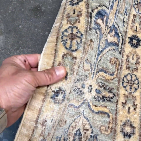 6x9 handmade transitional Ziegler Sultanabad Turkish rug in soft ivory, beige, and muted blue tones with a neutral, calming palette. Ideal for living rooms, dining rooms, and bedrooms in modern, rustic, or coastal décor. From a rug shop in Burlingame, San Francisco Bay Area, CA with free shipping.