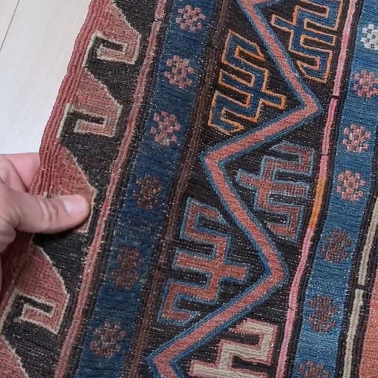 Late 19th century antique Konagkend Soumak rug from Kuba, Caucasus – 8x10 tribal flatweave with indigo, terracotta, and copper brown tones, available at the best rug shop in San Mateo, SF Bay Area with free shipping.