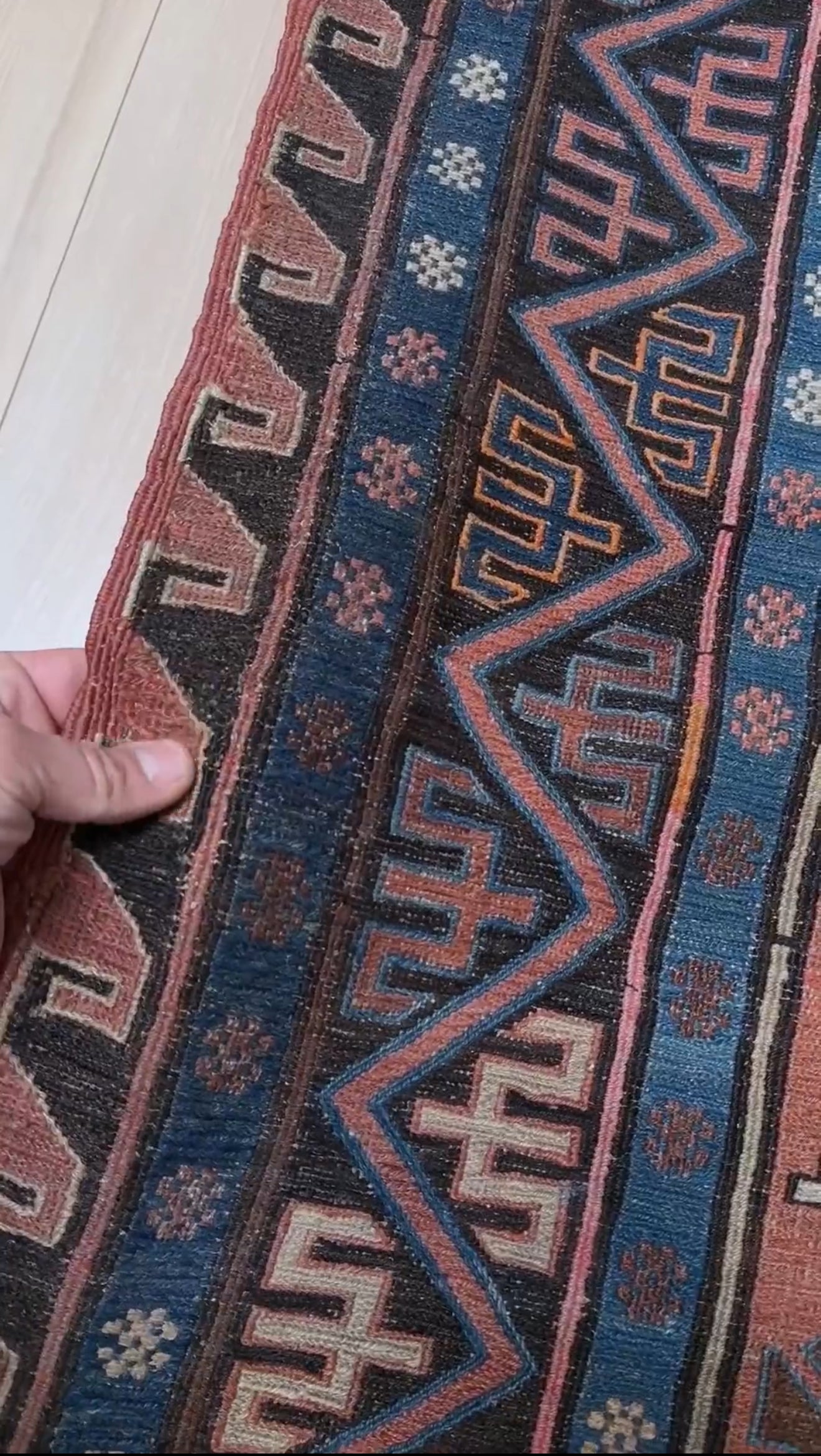 Late 19th century antique Konagkend Soumak rug from Kuba, Caucasus – 8x10 tribal flatweave with indigo, terracotta, and copper brown tones, available at the best rug shop in San Mateo, SF Bay Area with free shipping.