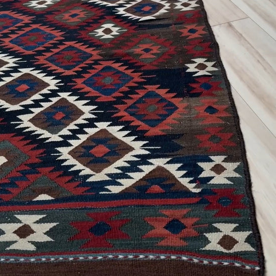 6x10 veramin vintage Persian kilim rug with bold geometric design in midnight blue, brick red, and ivory, handmade wool flatweave from 1950s, perfect for bedroom, living room, kitchen, or study, from best rug shop Burlingame SF Bay Area, free shipping included.