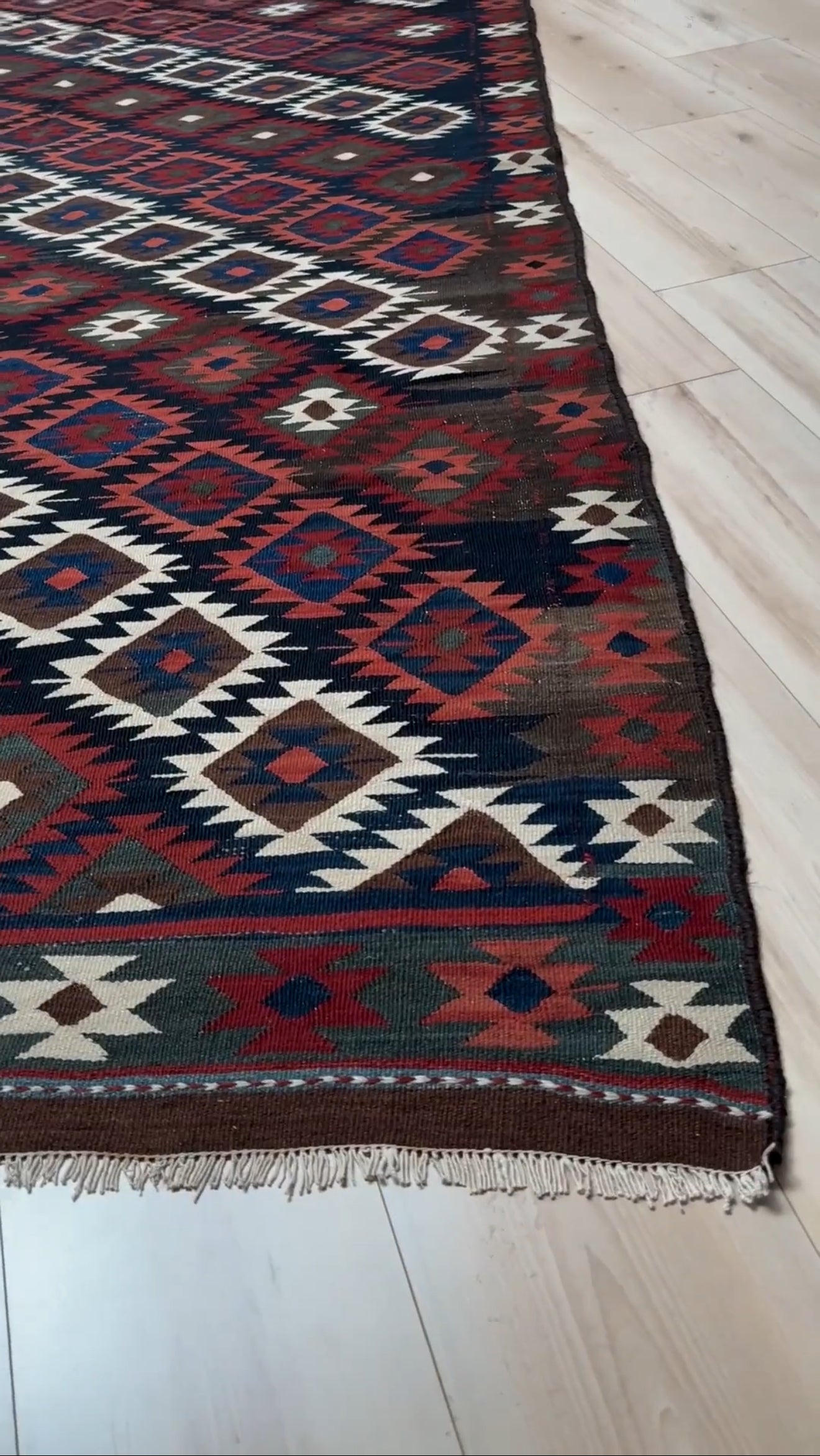 6x10 veramin vintage Persian kilim rug with bold geometric design in midnight blue, brick red, and ivory, handmade wool flatweave from 1950s, perfect for bedroom, living room, kitchen, or study, from best rug shop Burlingame SF Bay Area, free shipping included.