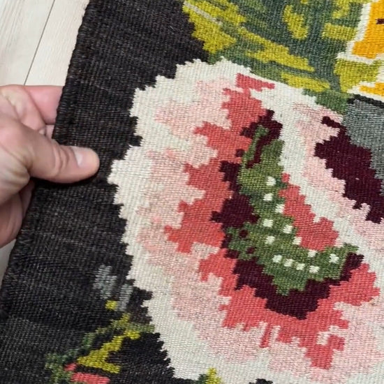 Vintage Moldovan rose kilim 8x11 area rug with floral design in charcoal, green, red, and pink tones – perfect for boho, cottagecore, or floral decor in living room, bedroom, kitchen, or dining room. Handmade wool flatweave rug from 1940s Eastern Europe, available at top-rated rug shop in San Mateo, SF Bay Area with free shipping.