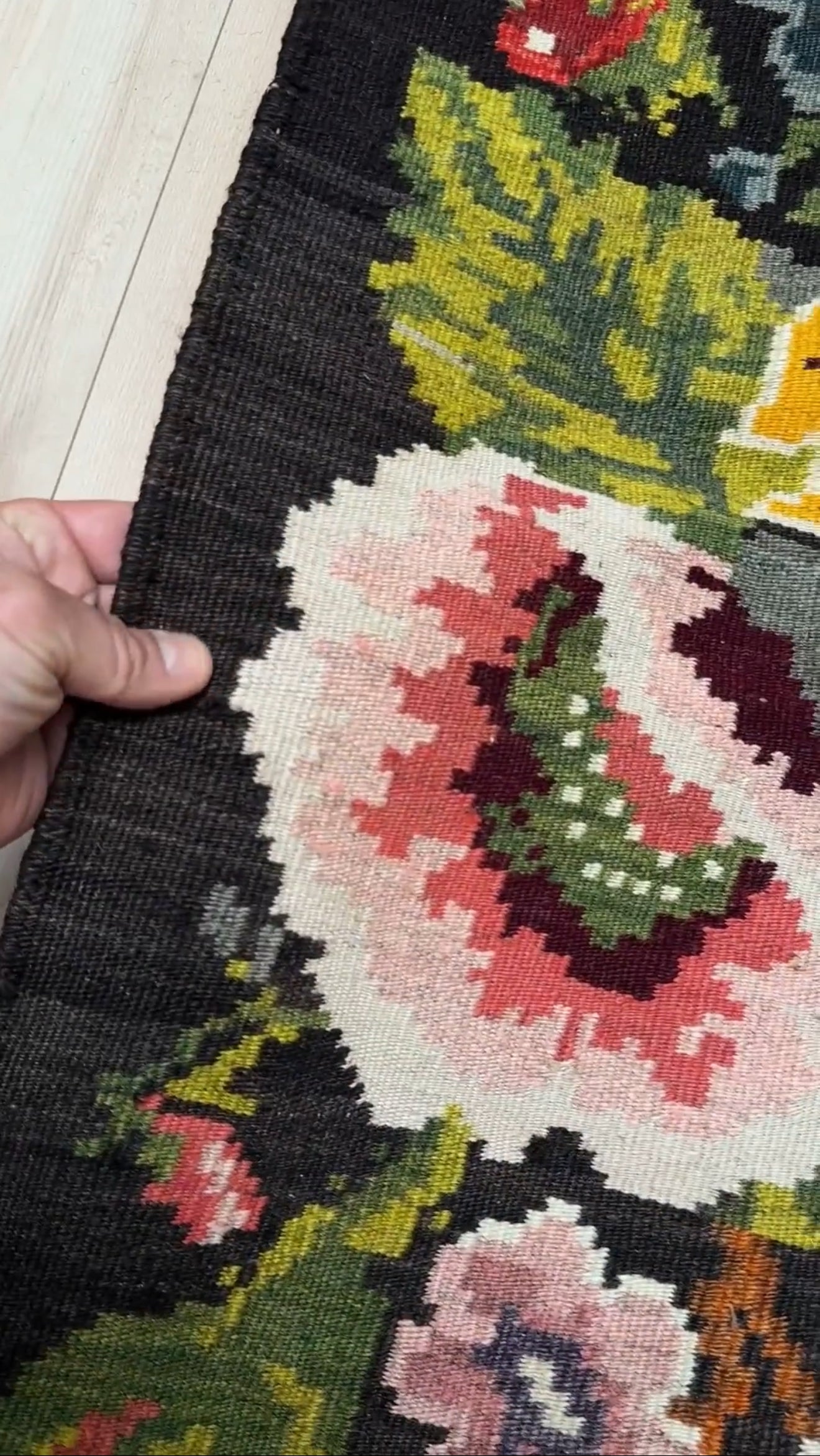 Vintage Moldovan rose kilim 8x11 area rug with floral design in charcoal, green, red, and pink tones – perfect for boho, cottagecore, or floral decor in living room, bedroom, kitchen, or dining room. Handmade wool flatweave rug from 1940s Eastern Europe, available at top-rated rug shop in San Mateo, SF Bay Area with free shipping.