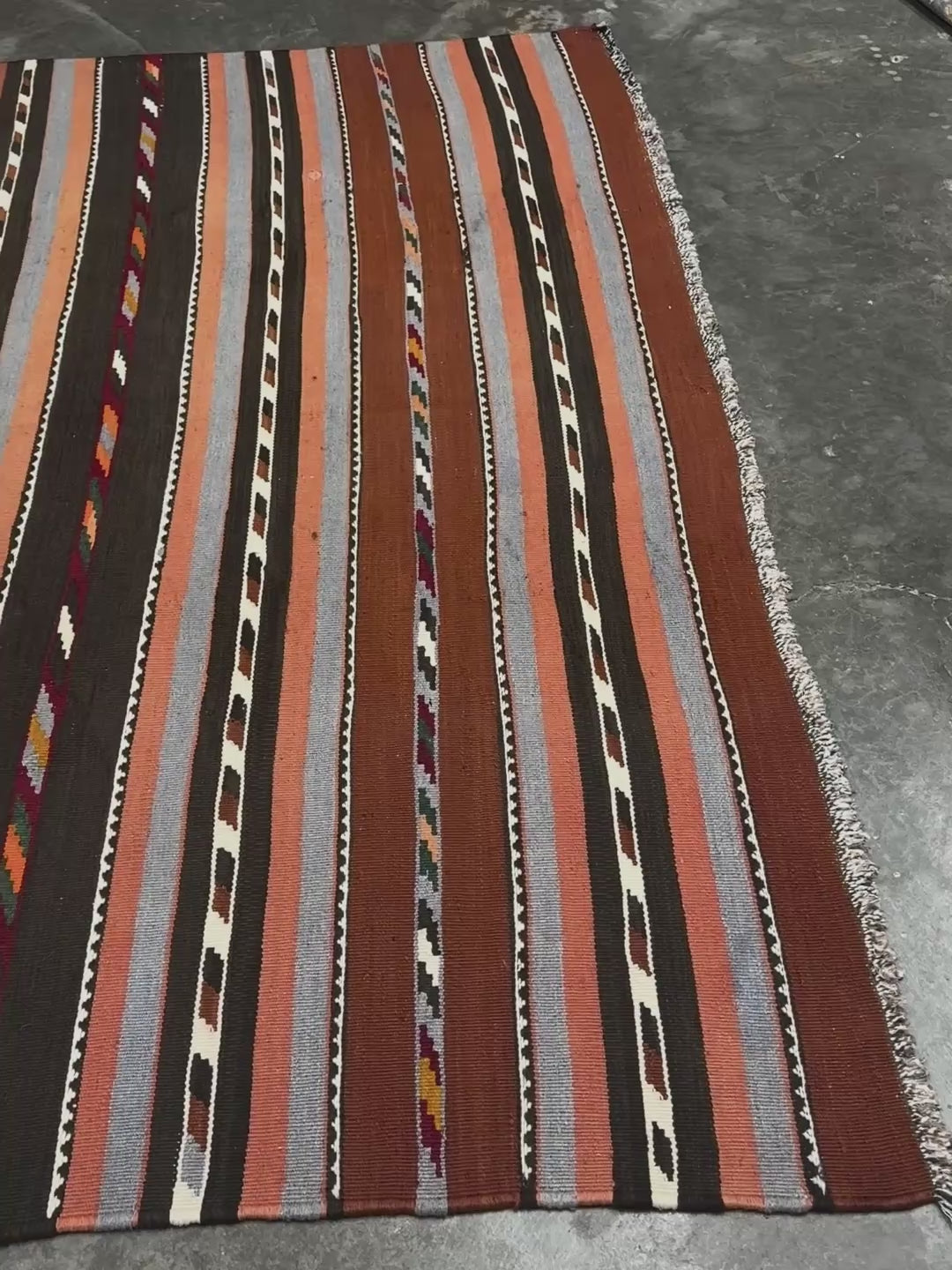Vintage Caucasian kilim rug with horizontal tribal stripes in rust, brown, gray, and ivory tones, handwoven wool flatweave rug 6x9