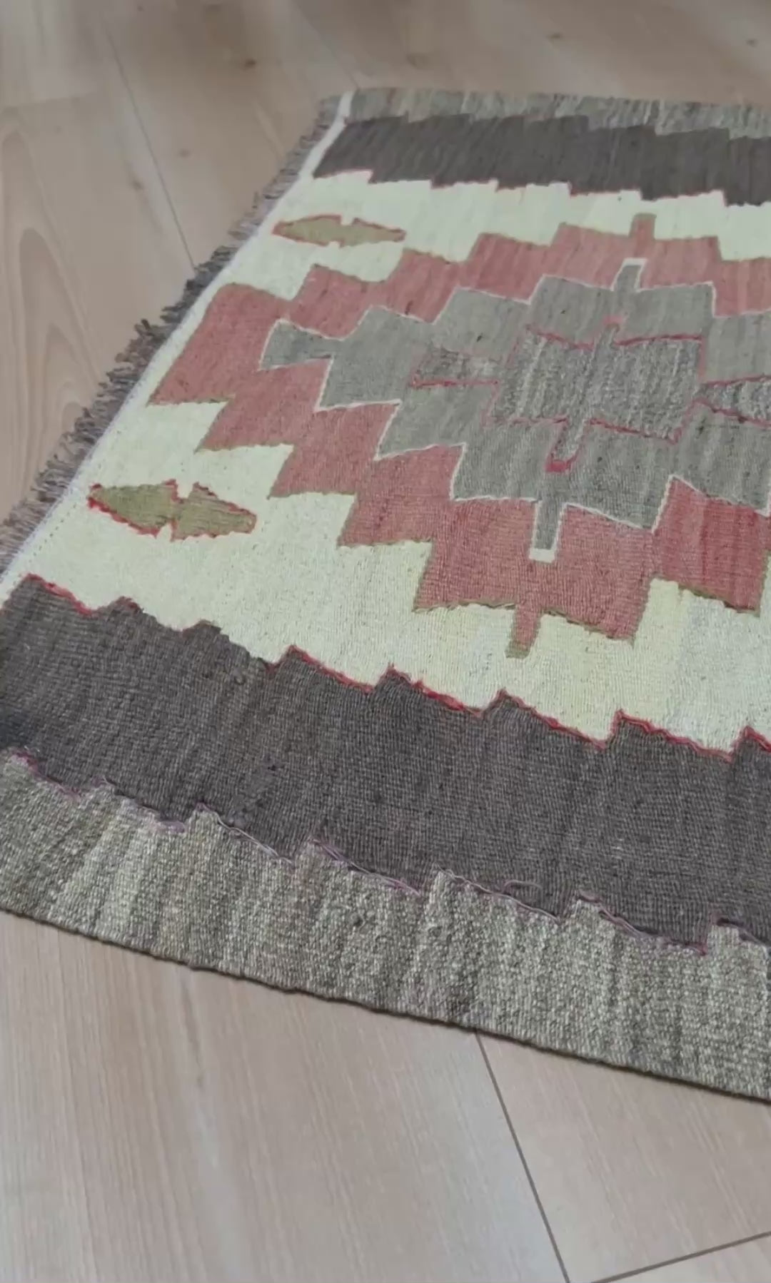 Vintage Mut Turkish kilim  3x5 with pastel tribal medallions in warm ivory, muted rose, dusty sage-green. Handmade Turkish flatweave rug shop rug cleaning  Indigo Rugs in Burlingame / San Francisco Bay Area.