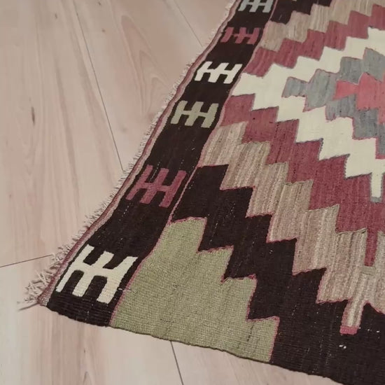 Vintage Mut kilim 4x6 with Navajo-style medallions in terracotta and sage — handmade Turkish flatweave, Indigo Rugs, best rug shop Burlingame CA / San Francisco Bay Area.