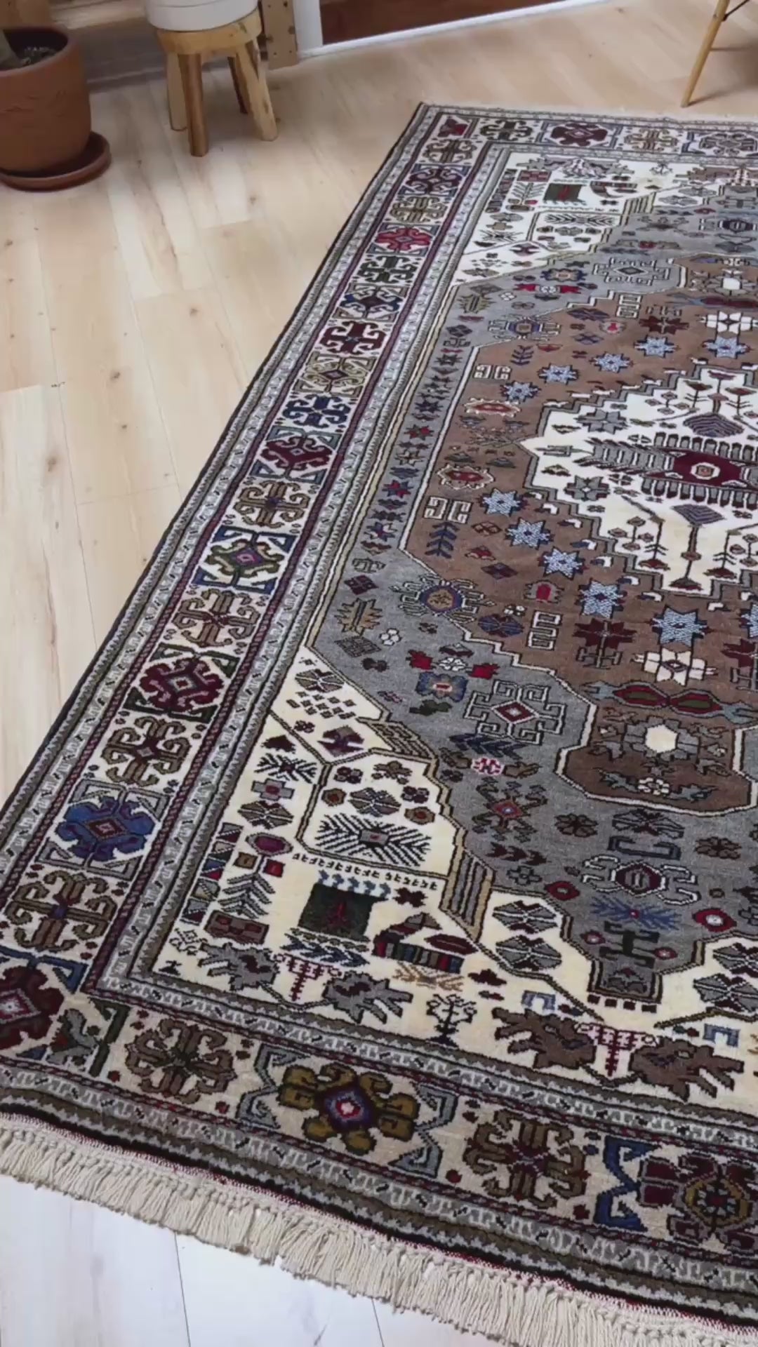 Neutral Konya Turkish handmade rug with chestnut brown and gray field, tribal medallion design, and geometric borders, 6x9 area rug